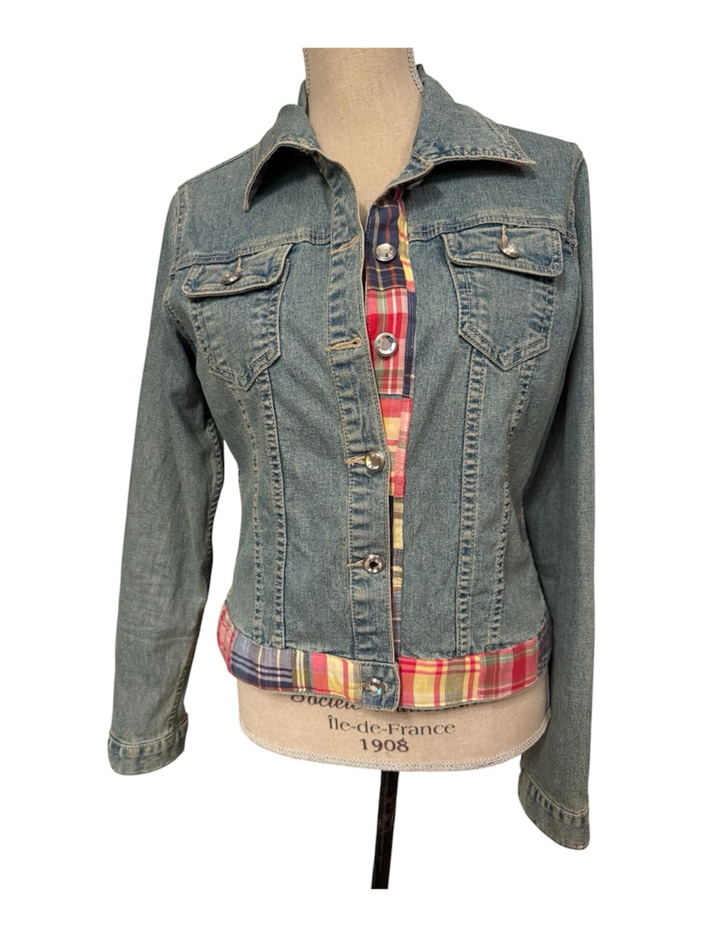 MOLLY B JACKET JEAN FADED BLUE PLAID RIBBON TRIM SPARKLE BUTTONS Size M